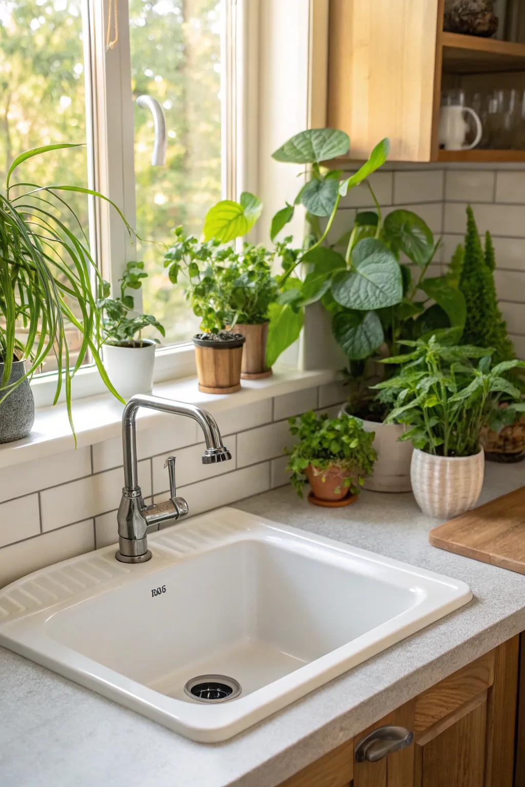Plants behind a corner sink, bringing a refreshing and natural vibe to the kitchen.