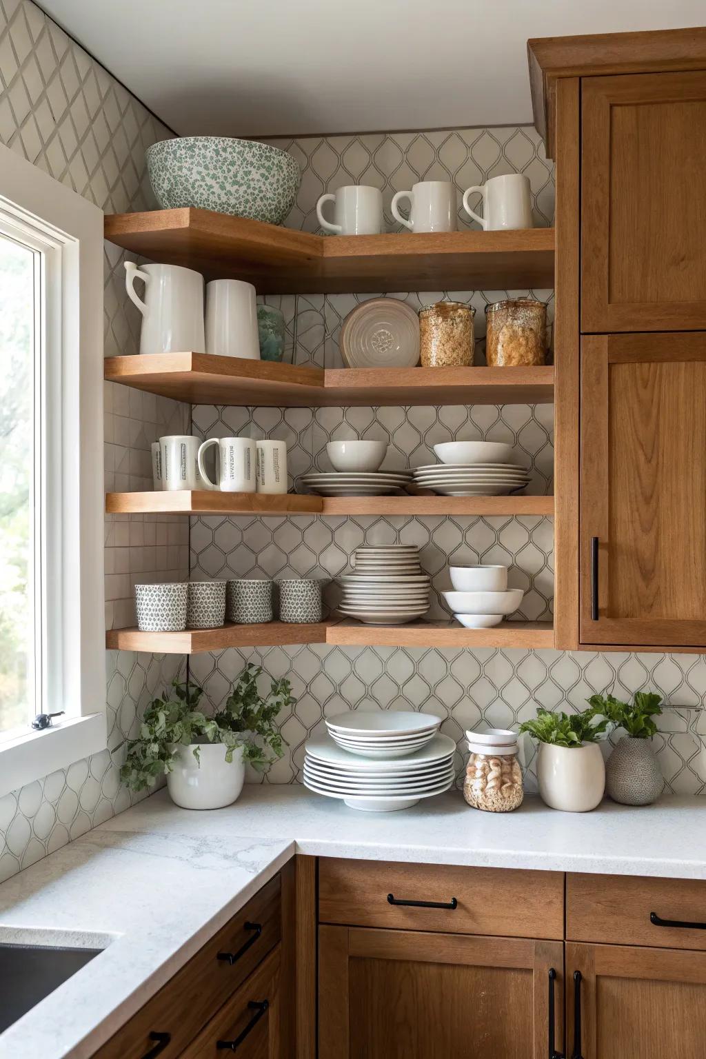 Symmetrical balance on shelves creates a calming kitchen aesthetic.