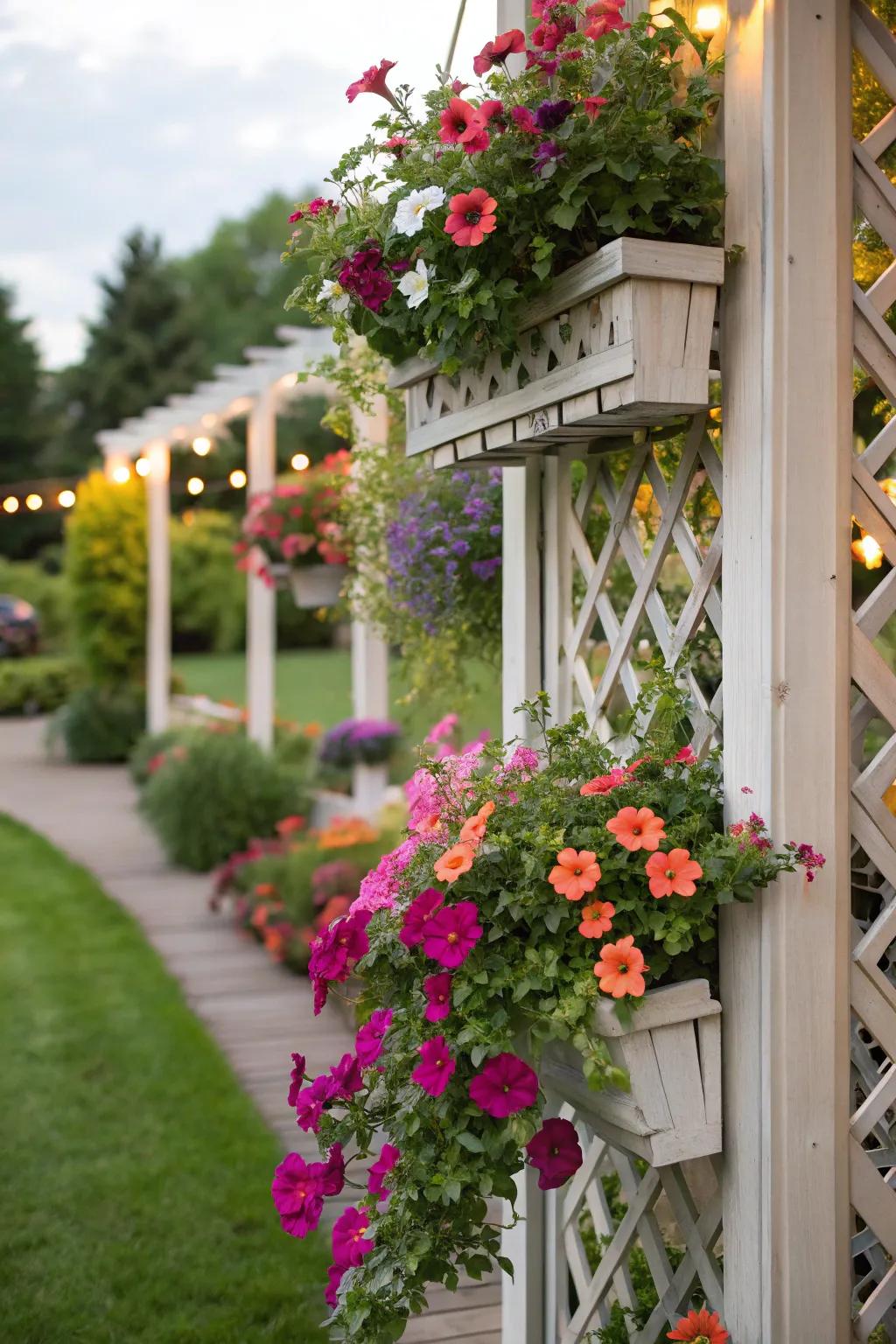 A trellis featuring receptacles that amplify vertical verdancy.