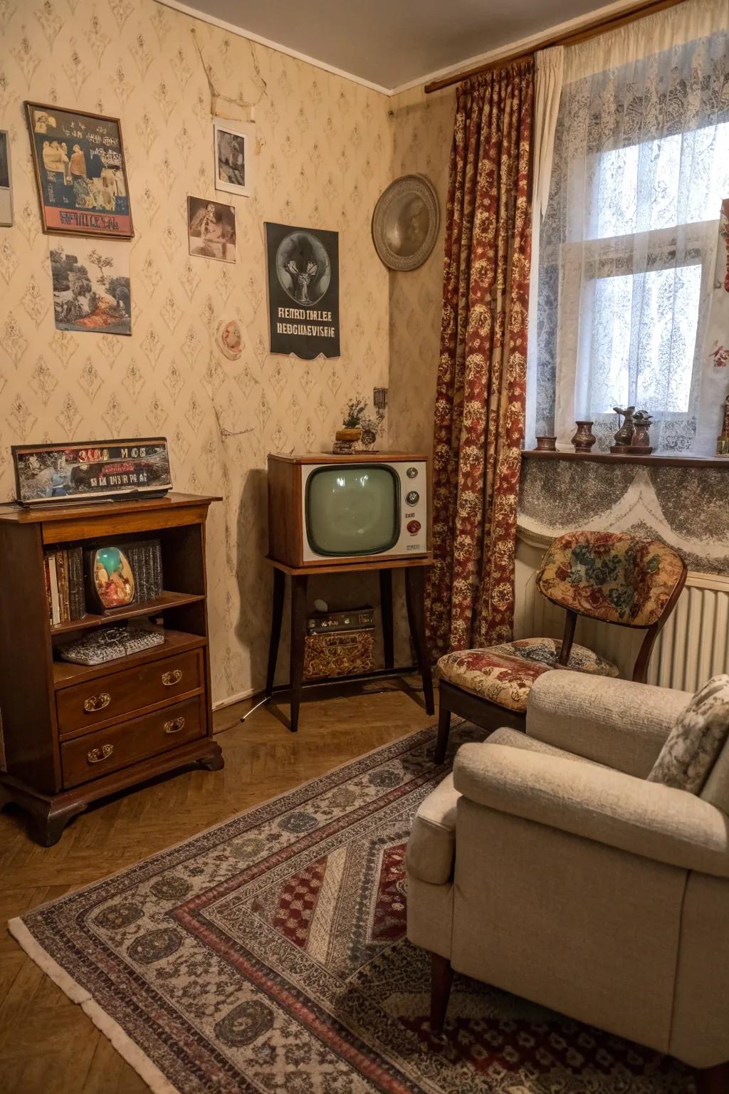 Retro vibes lend a charming, eclectic feel to the corner TV space.