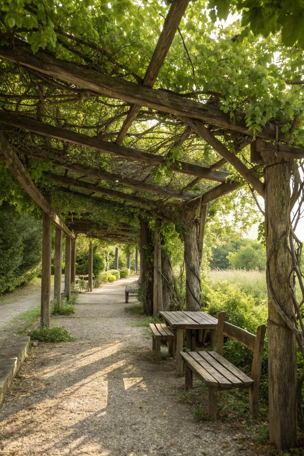 A rustic pergola crafting an inviting shaded space in the garden.