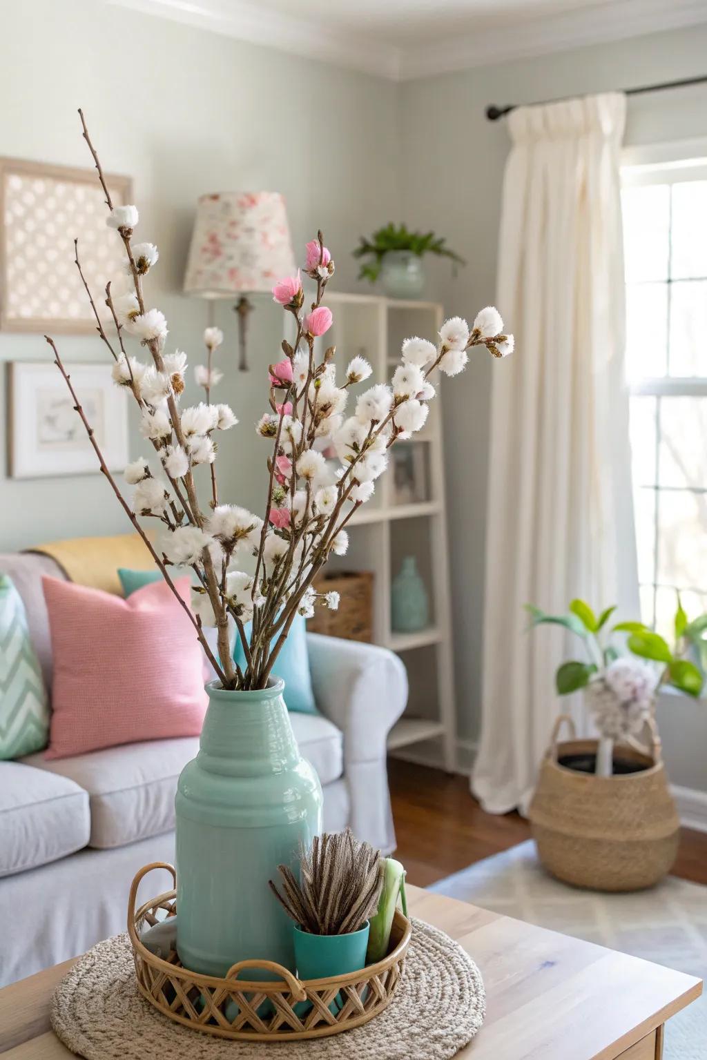 Springtime delight with cotton and pastel blooms.