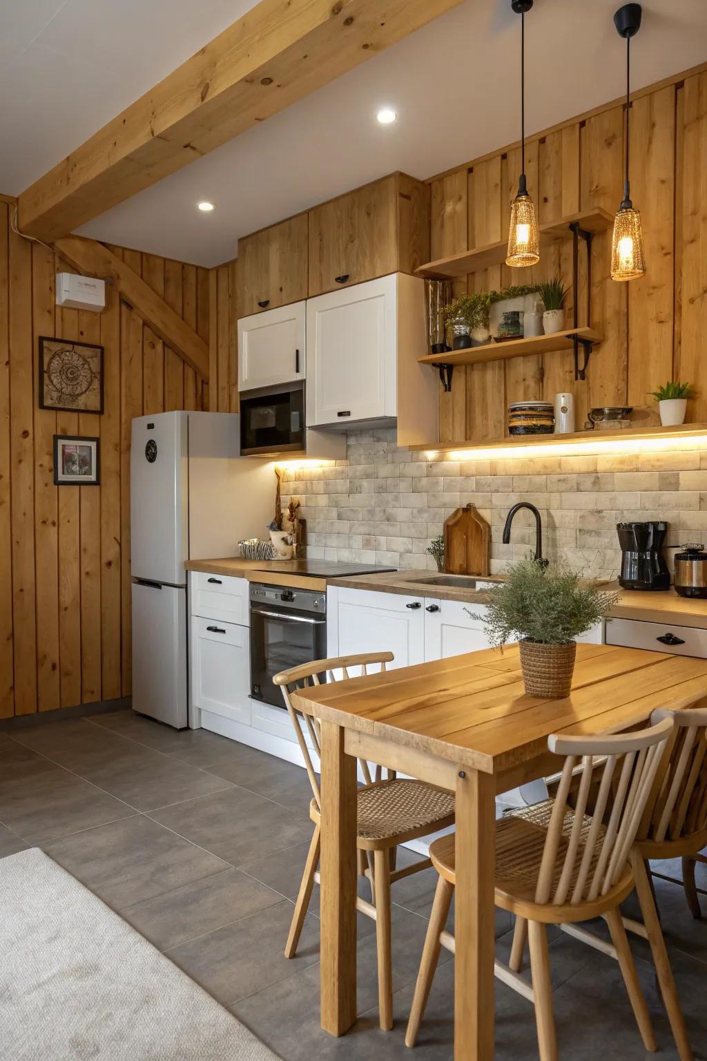 Wood backsplashes bring warmth and rustic charm to kitchen aesthetics.