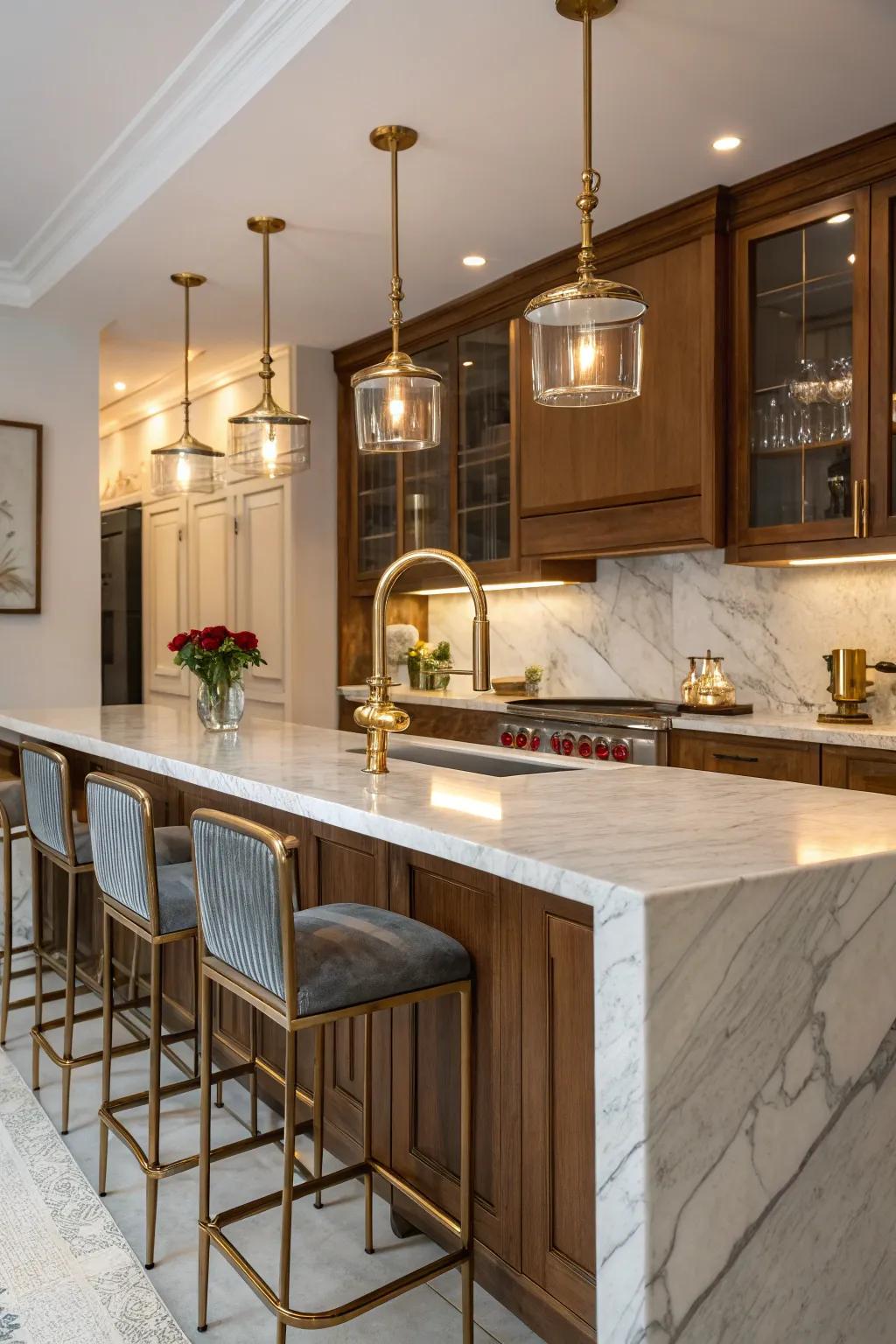A kitchen with metallic accents on a countertop bar.