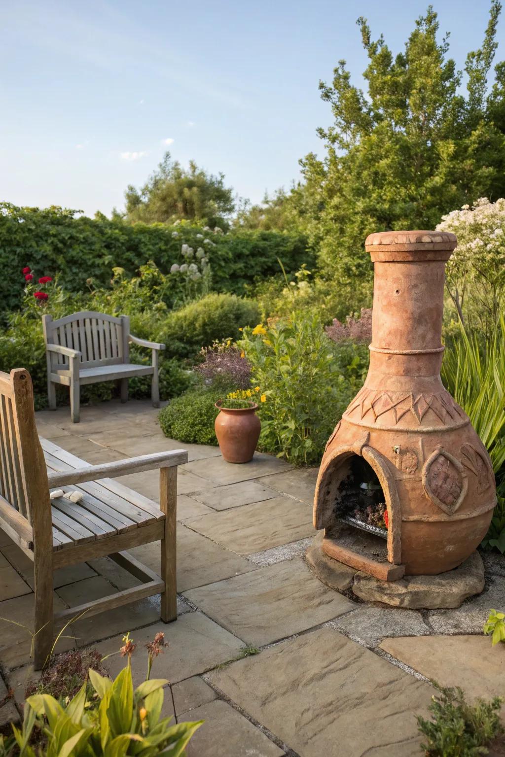 A countryside chiminea proffers warmth and a classic flicker to your backyard.