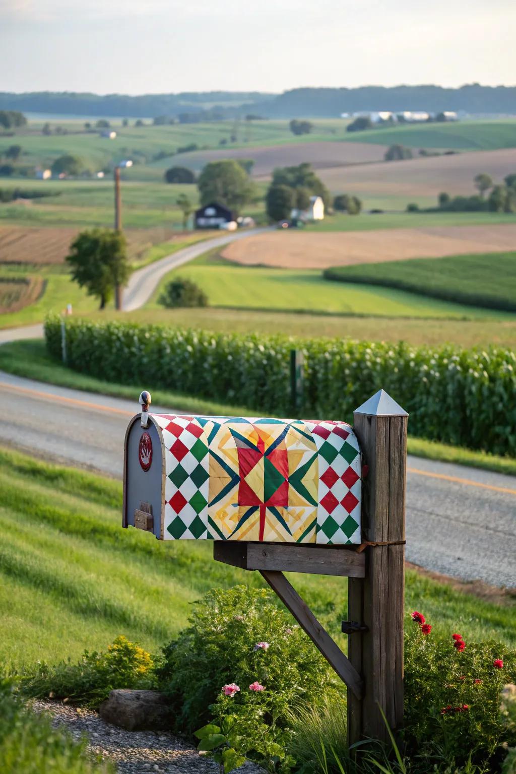 A barn pattern mailbox brings a dash of folk artistry to the environment.