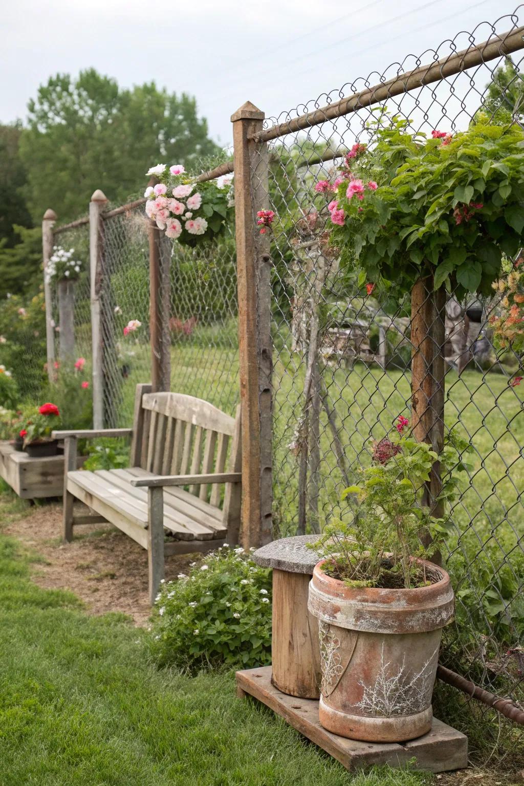 Revamped wood and link netting for a fence with character and conscience.
