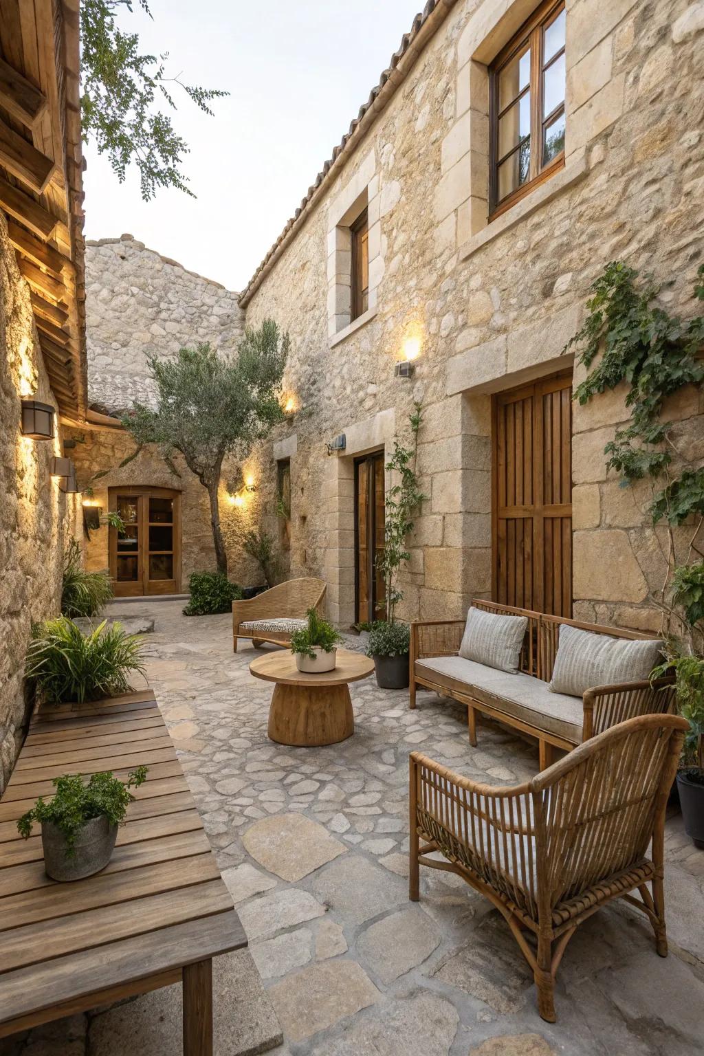 Natural textures enhance the organic feel of the courtyard.