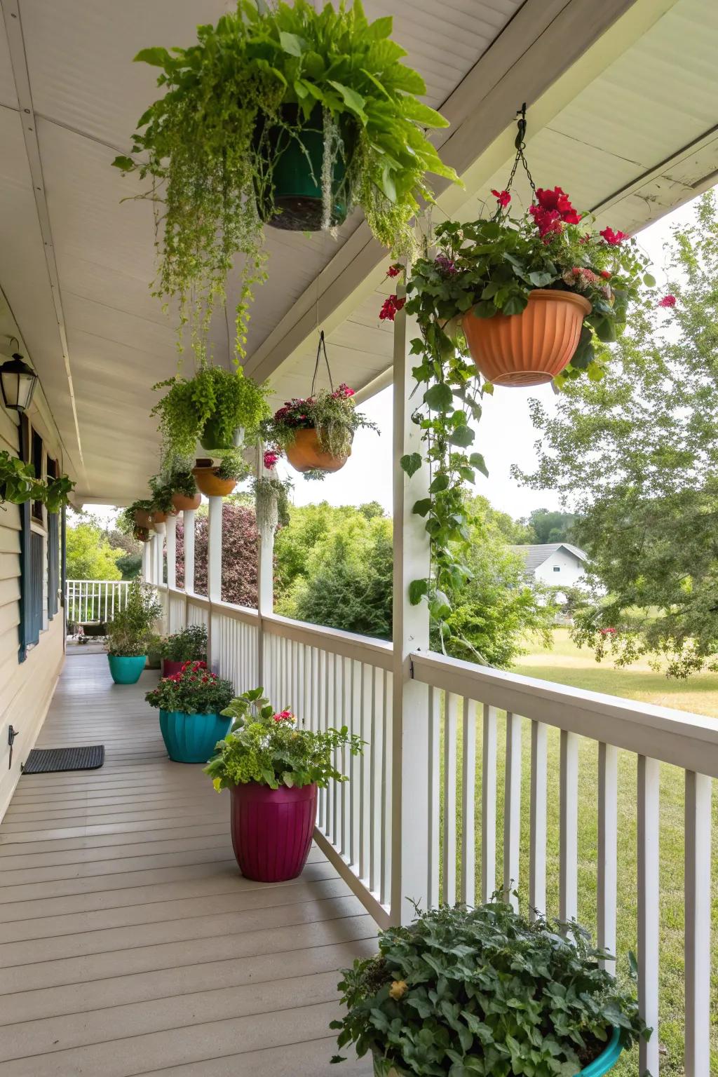 Hanging plants establish a lush, vertical garden on your porch.