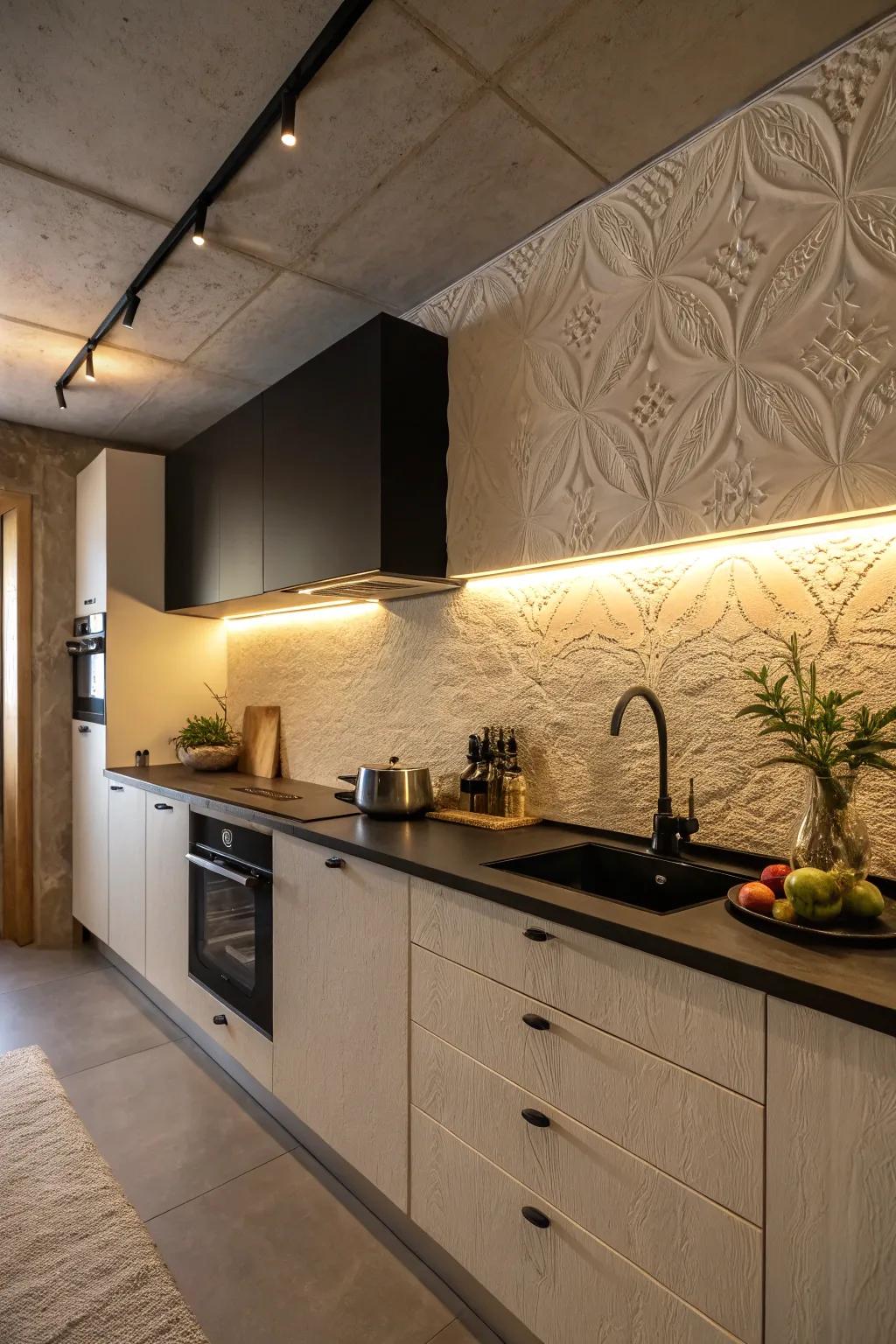 Textured walls add depth and tactile appeal to the kitchen.