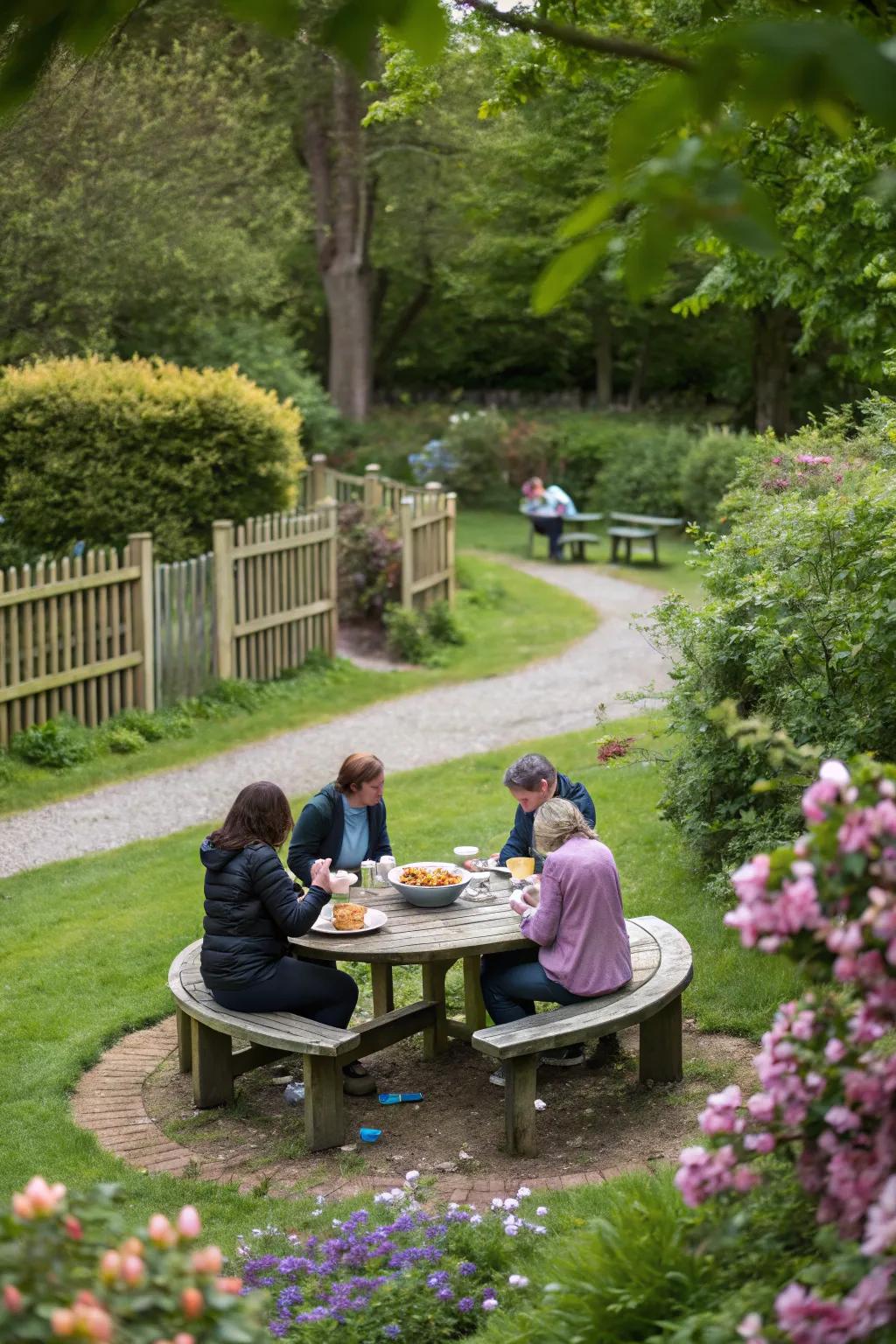 A circular picnic table, perfect for fostering interaction and socializing.