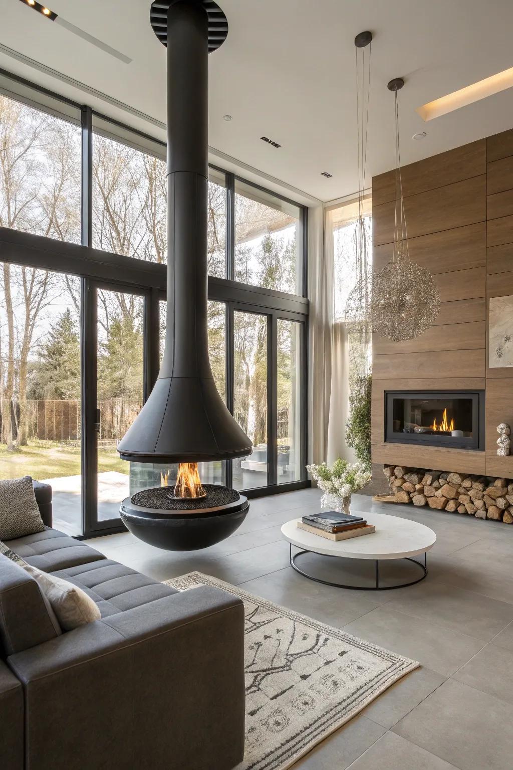A hanging hearth that brings a futuristic touch to the room.