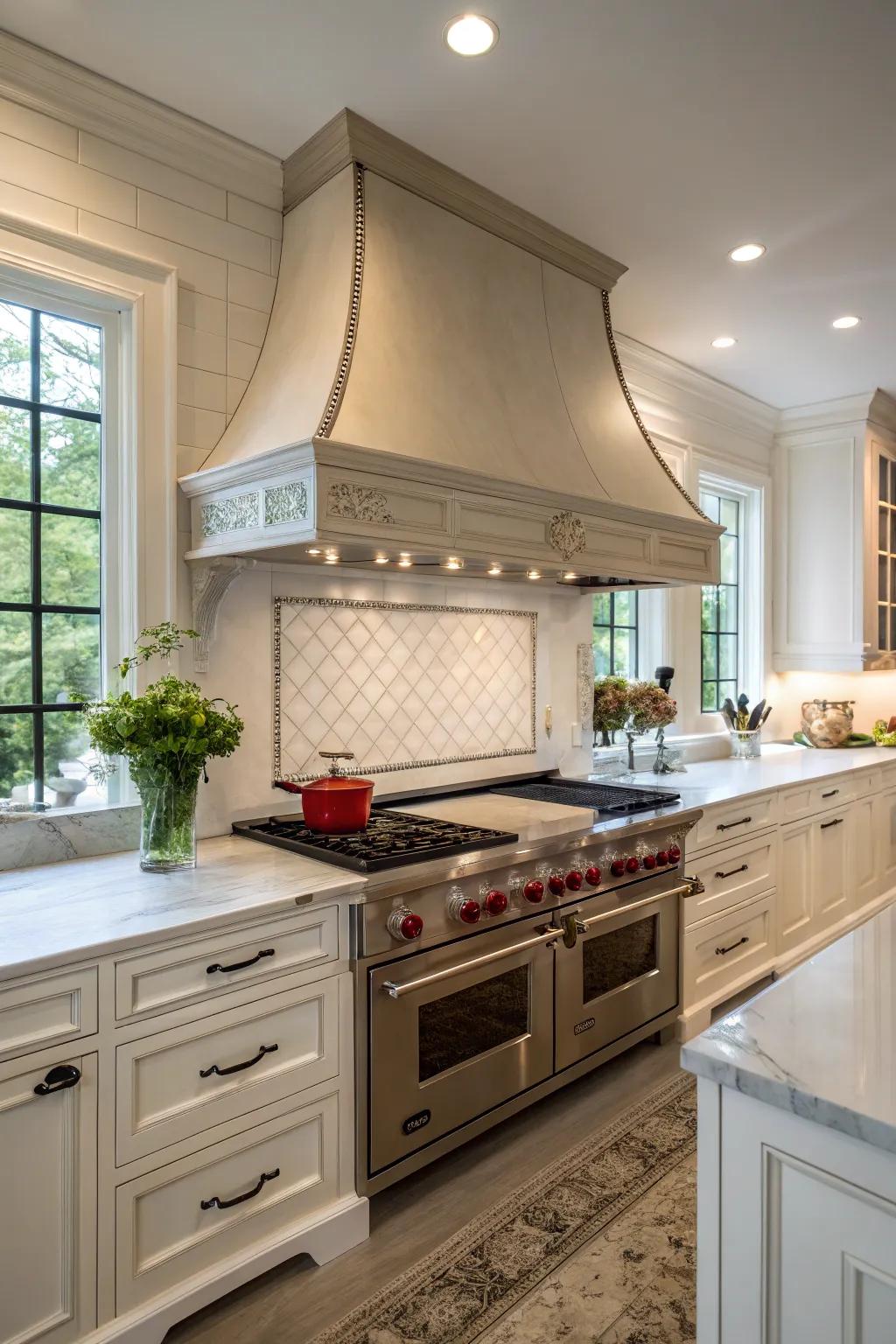 Oversized range hoods create a bold, captivating statement.