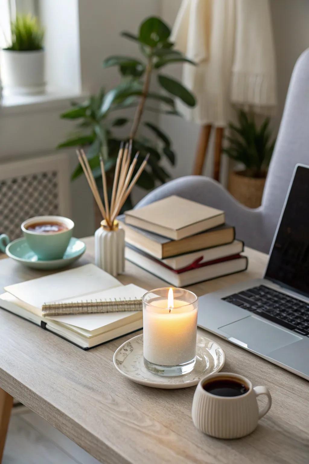 A desk with a scented candle creating a calming atmosphere.