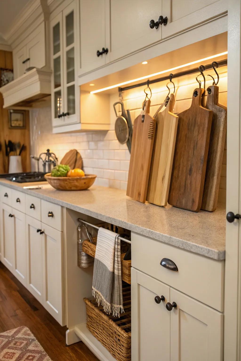 Coat hooks used for hanging cutting board storage.