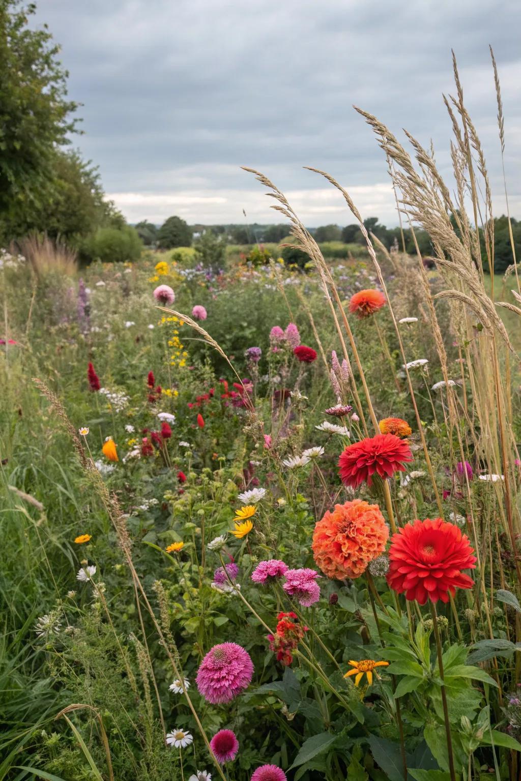A wildflower meadow with dahlias.