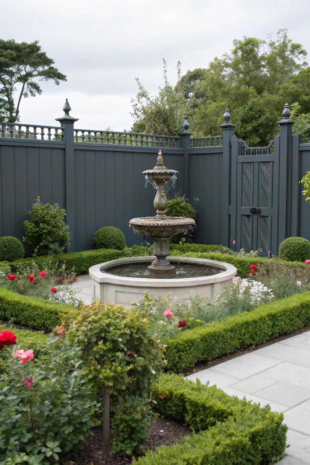 A deep charcoal boundary highlights a beautiful water fountain as a garden centerpiece.
