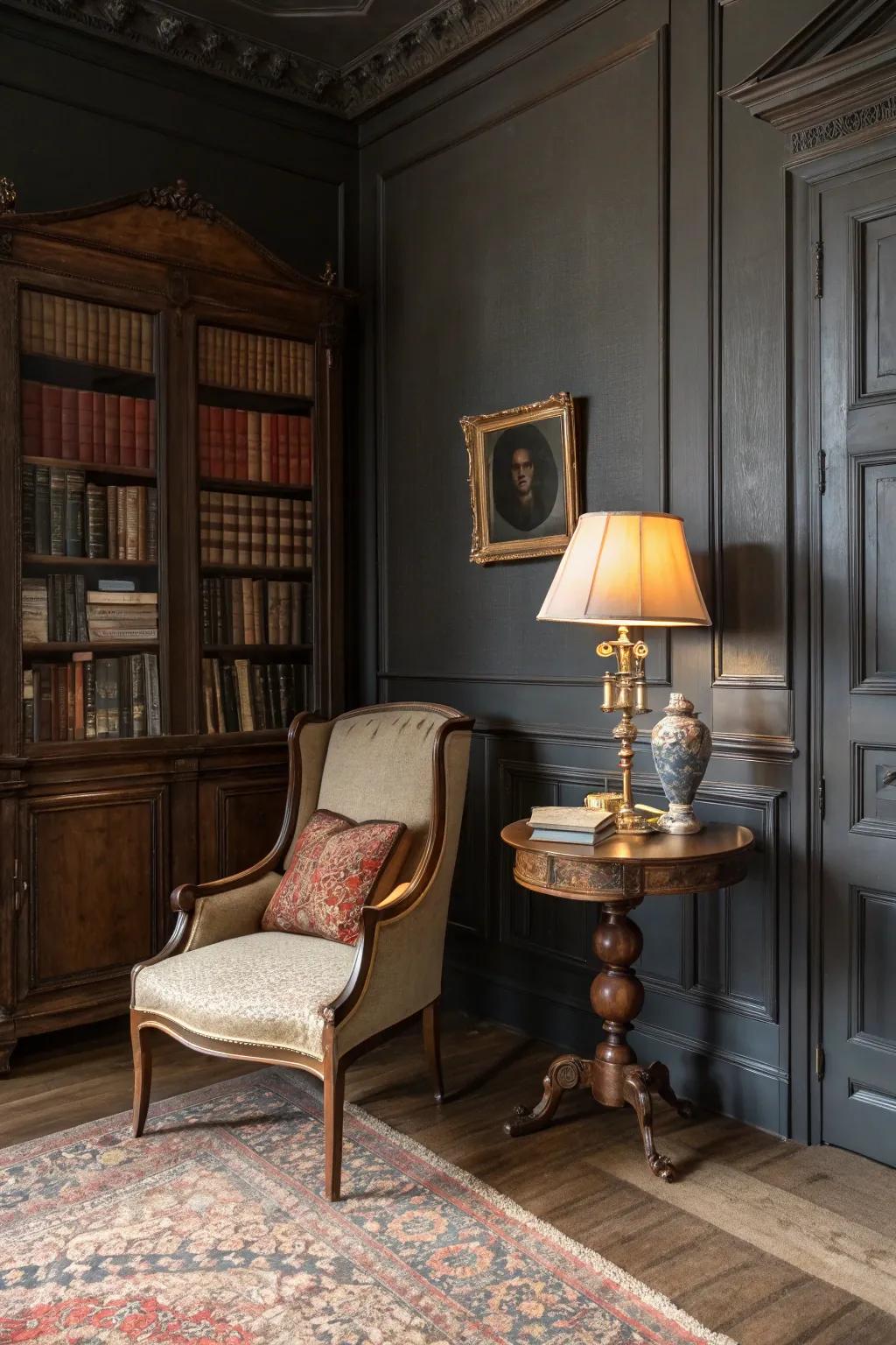 Vintage elements adding elegance to a dark grey room.