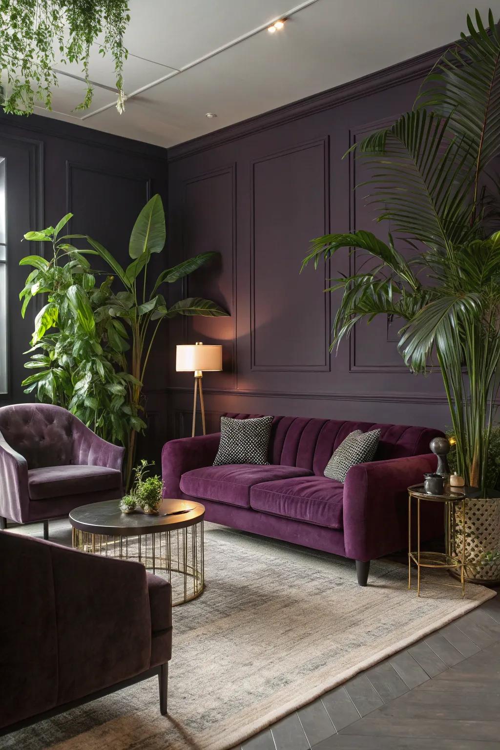 Lush green plants add a fresh touch to this dark purple living room.
