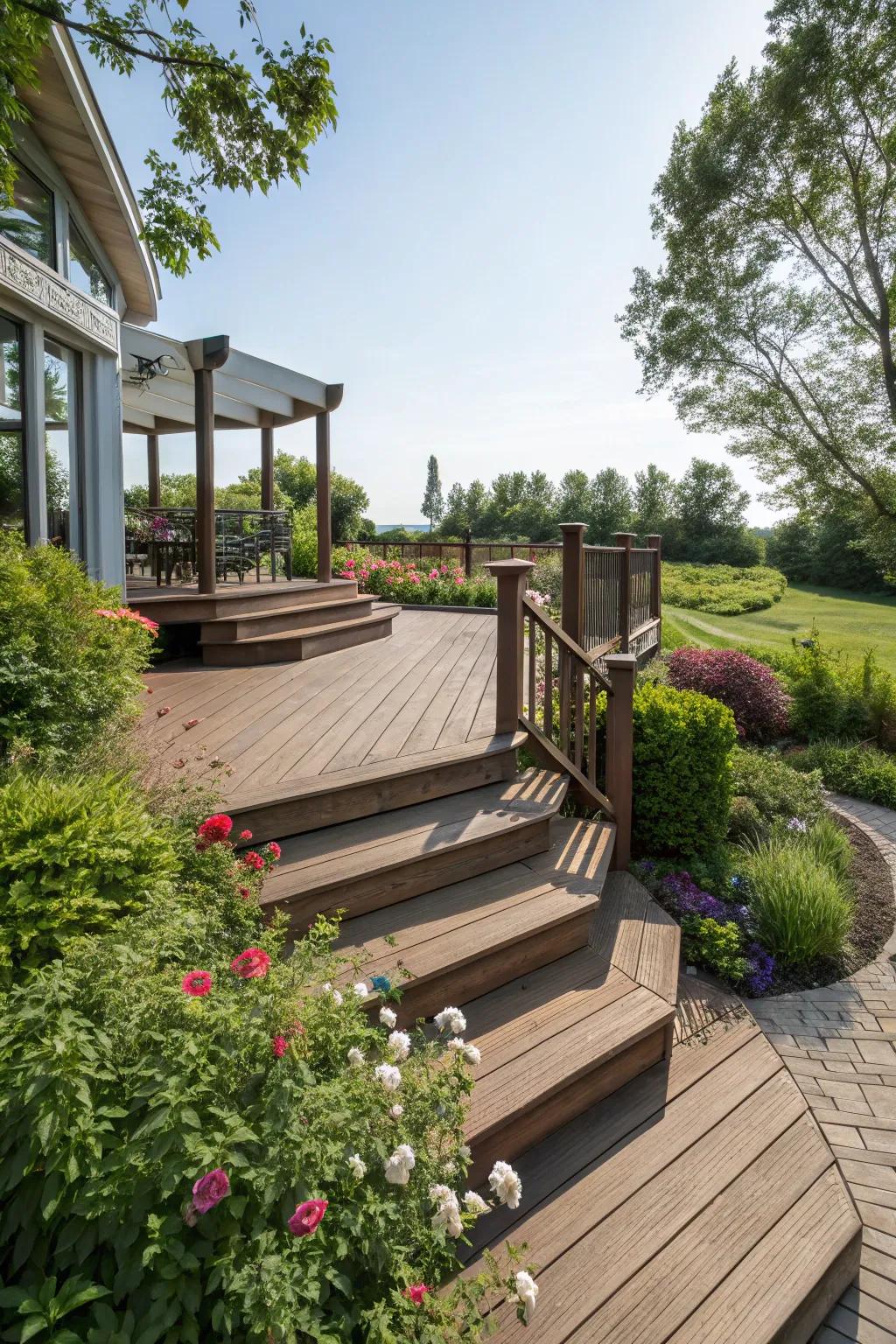 Deck with wraparound steps for a grand and versatile entrance.