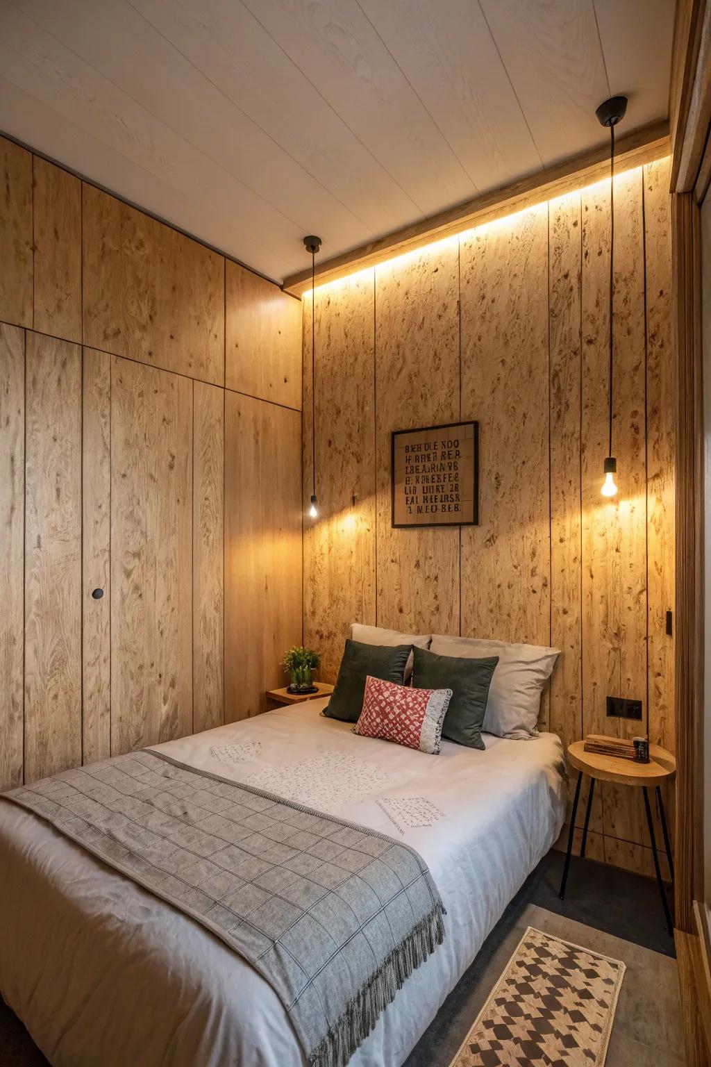 Wall panels with texture enhance elegance in compact areas.