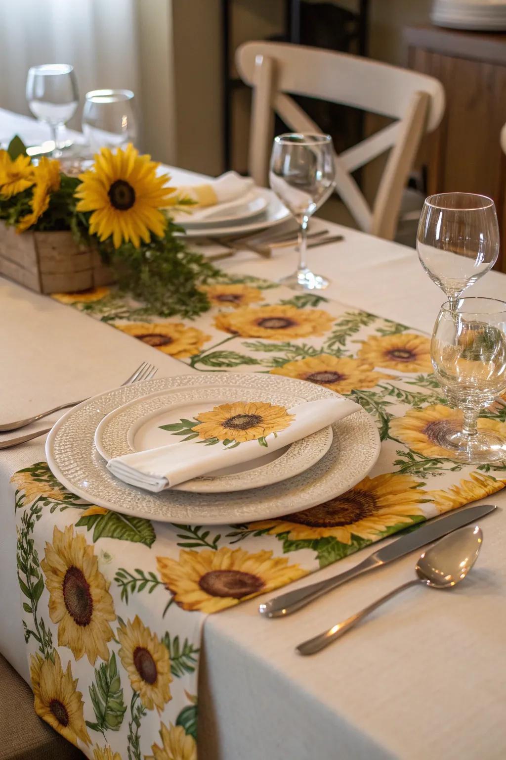 A sunflower table runner adds elegance and style to your dining setup.