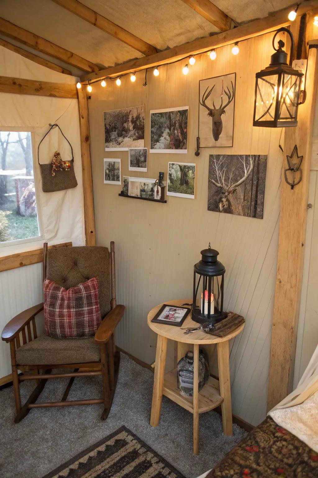 Personalized accents transform your deer blind into a cozy and inviting retreat.