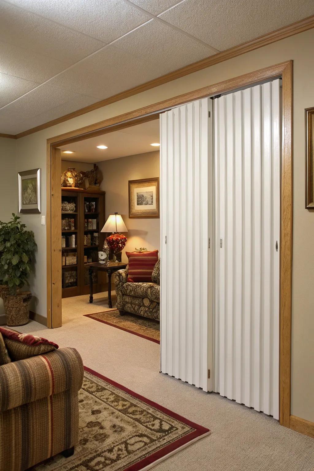 Concertina doors offer easy access and space-saving.