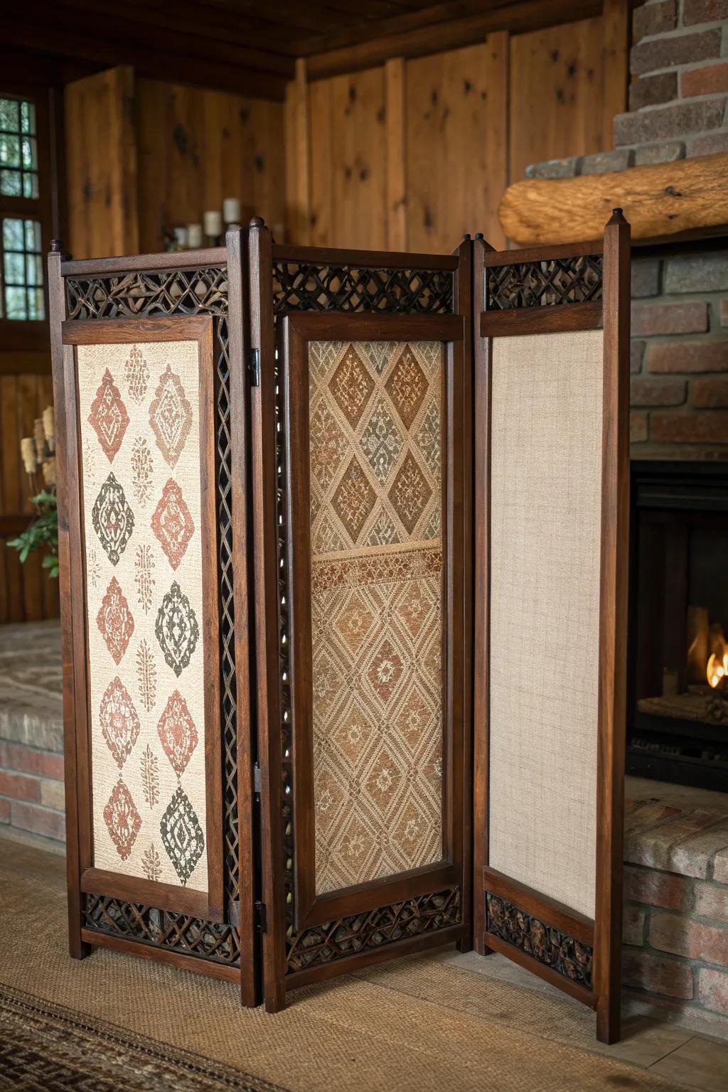 Elevate your hearth with a handcrafted wooden fireplace screen, featuring bohemian fabric inserts for a touch of cozy elegance.