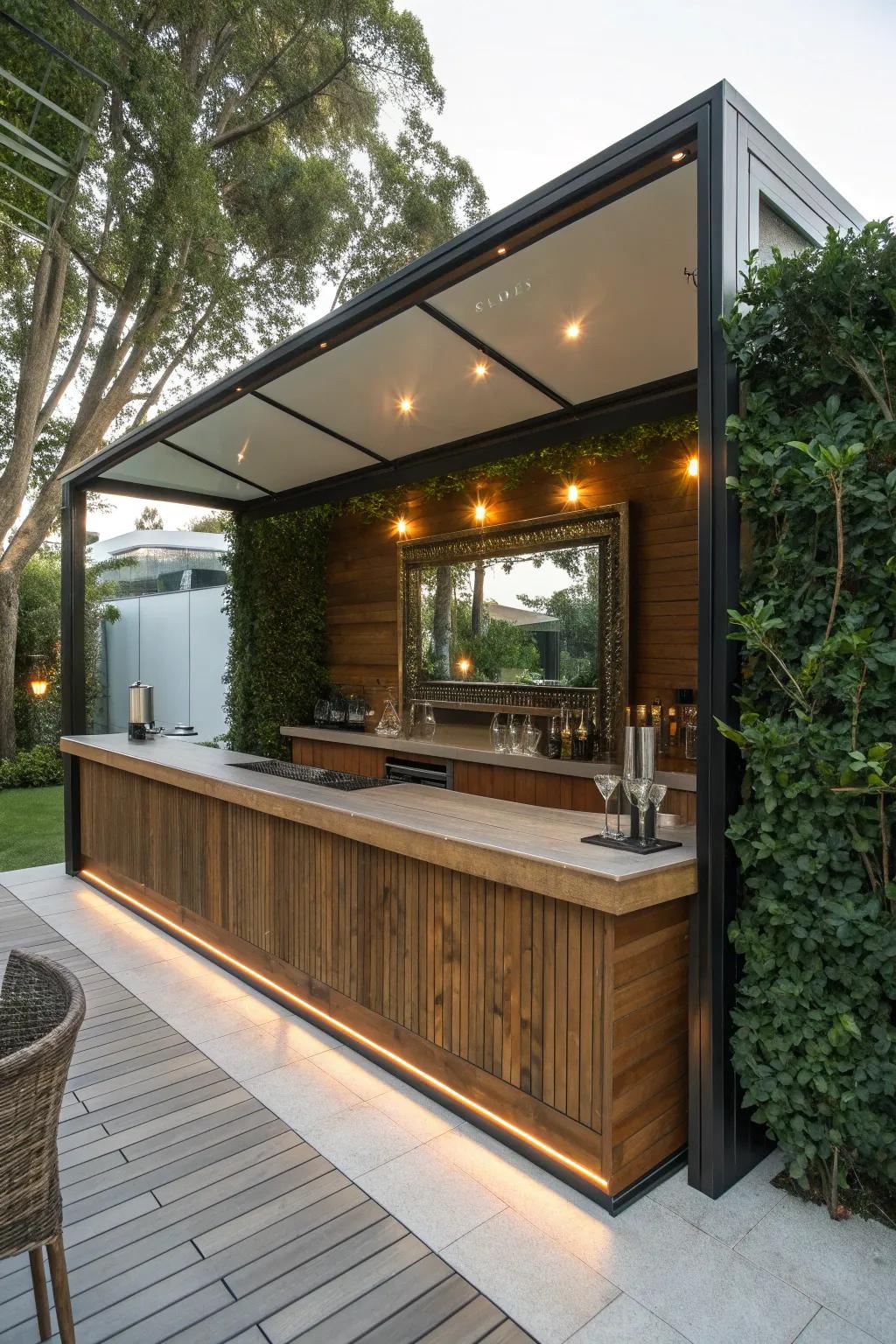 Elevate your outdoor experience with a mirror-backed bar that blends craftsmanship and style.