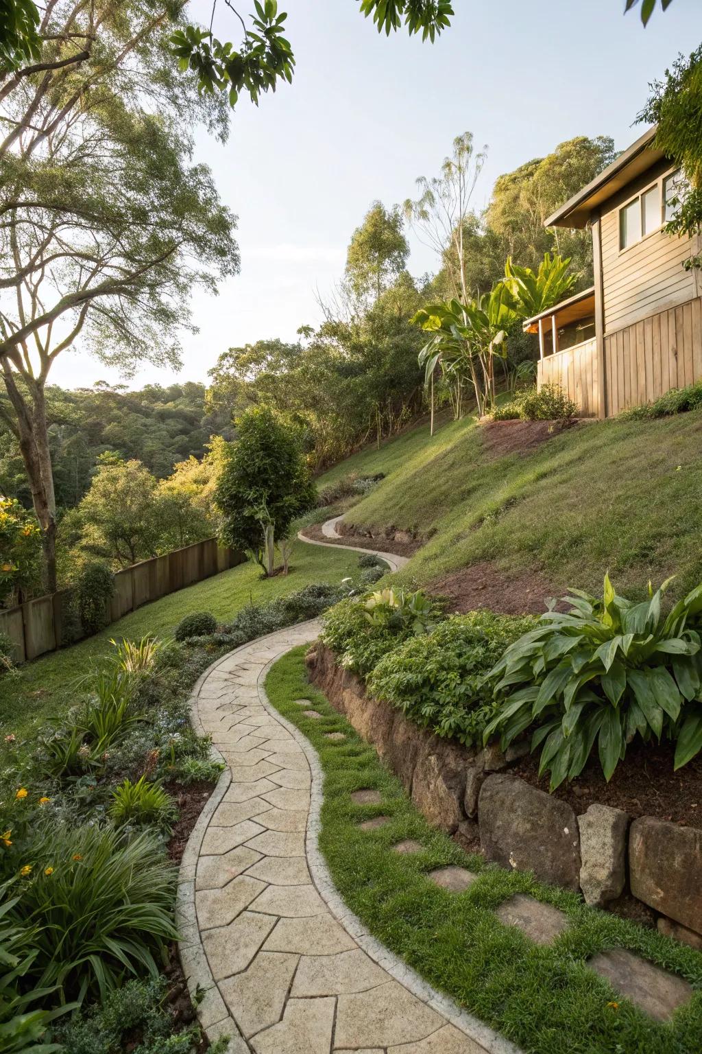 Meandering paths establish a whimsical journey through sloped gardens.