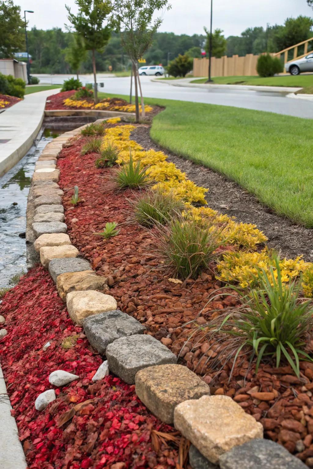 Colorful mulches add a splash of color to a drainage swale.