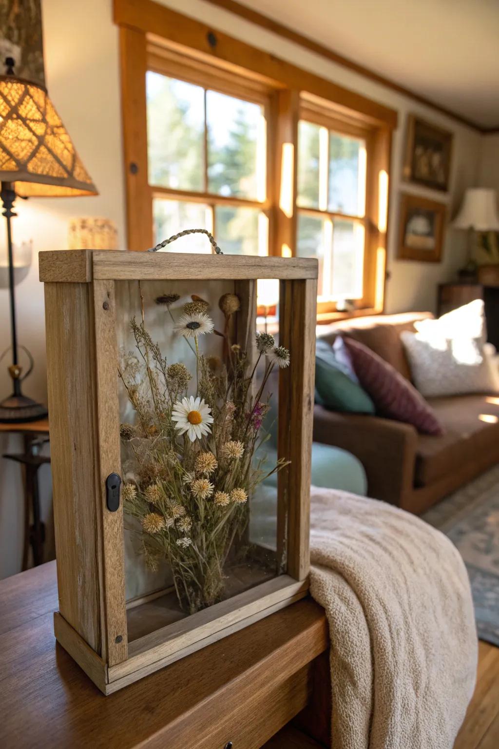 Embrace rustic charm with a wooden-framed preserved flower display case.