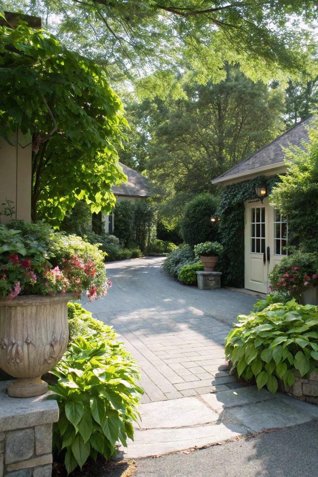 Green borders and planters add vibrancy to driveway aprons.