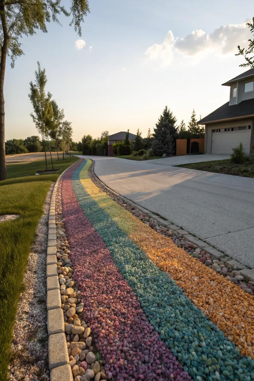 Kaleidoscopic stone finish adds a vibrant touch to this berm.