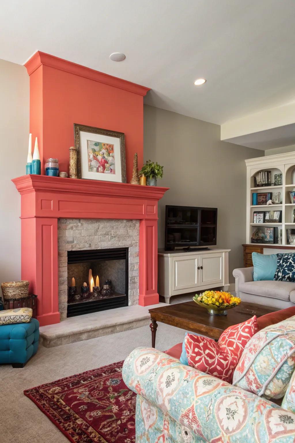 A prominent color makes a plasterboard hearth the room's focal point.