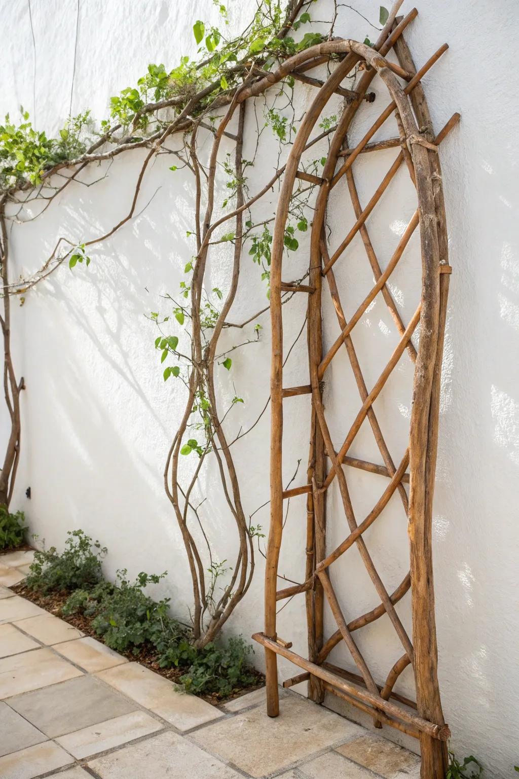 Embrace nature's artistry with a handcrafted branch trellis, where rustic beauty meets minimalist design.