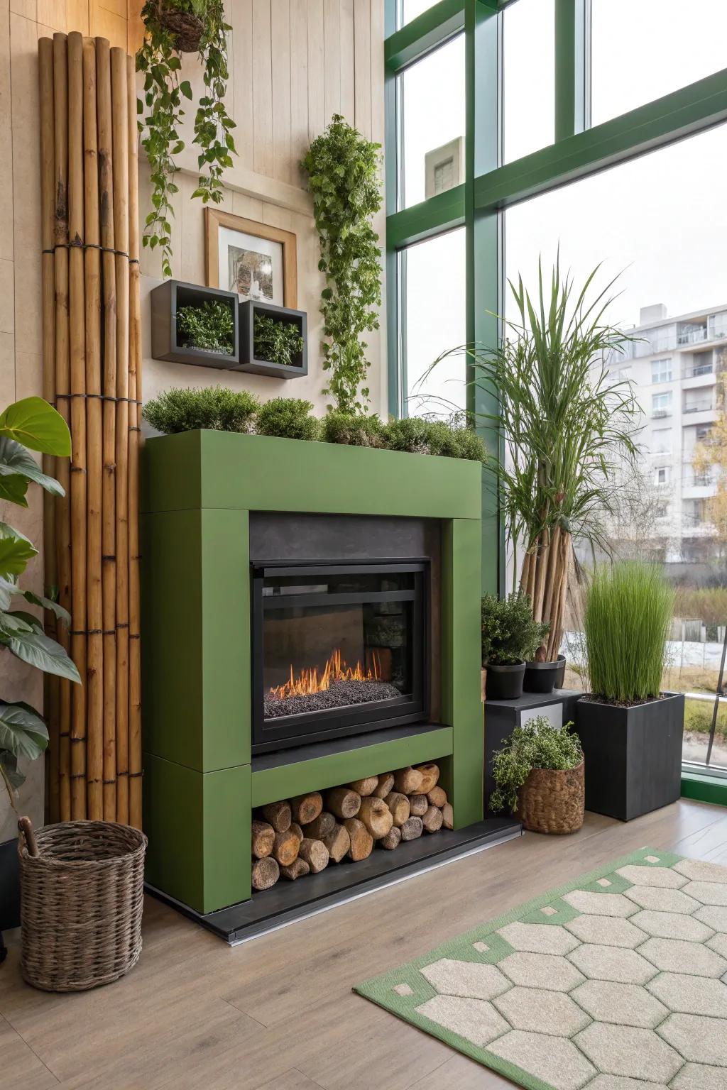 An eco-friendly electric fireplace in a green-focused design