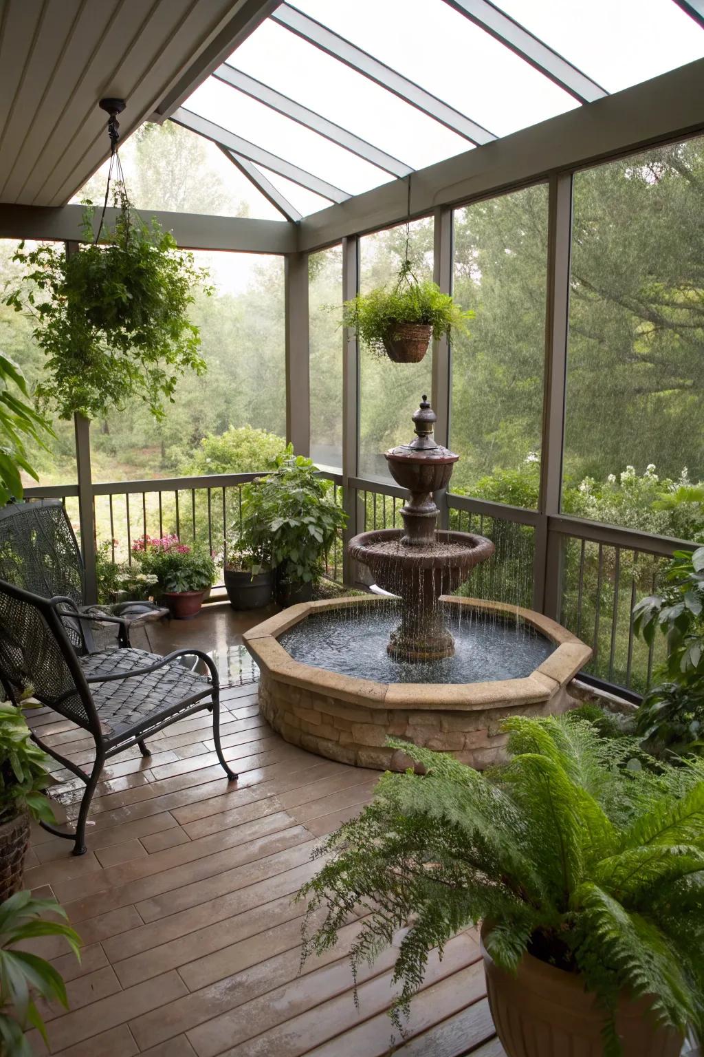 A calming water feature enhances an enclosed deck.