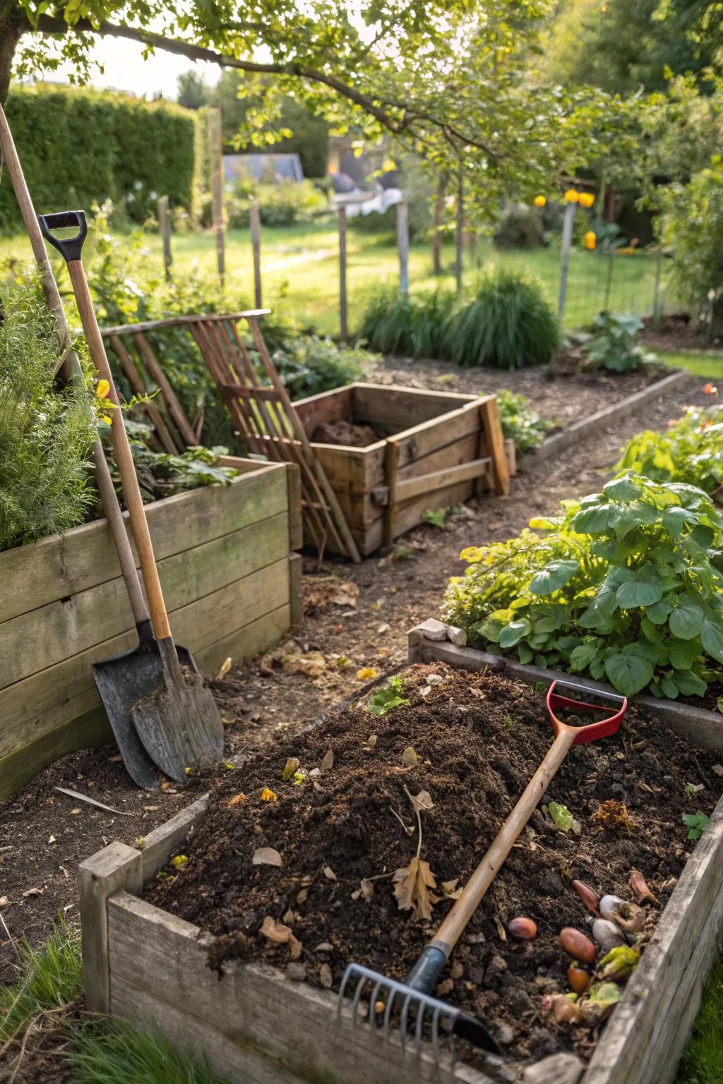 Eco-conscious techniques such as composting enhance garden health.