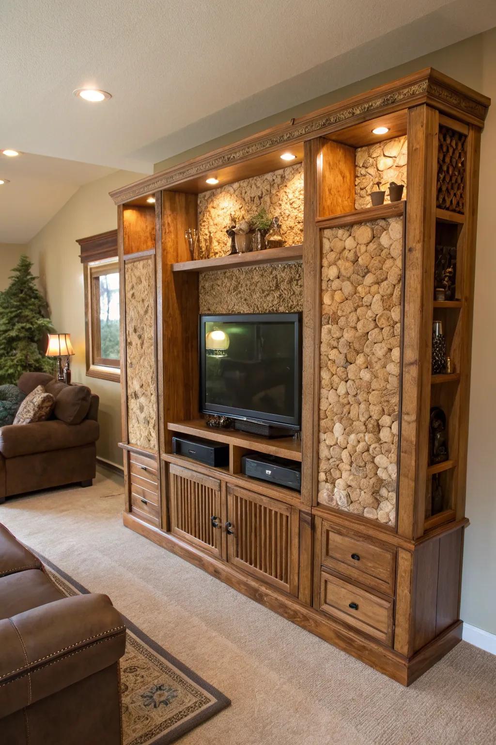 Unusual materials such as cork and reclaimed wood add a unique touch to this media center.