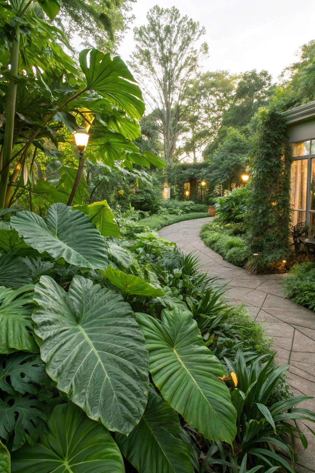 A garden showcasing the exotic appeal of large-leaved evergreens.