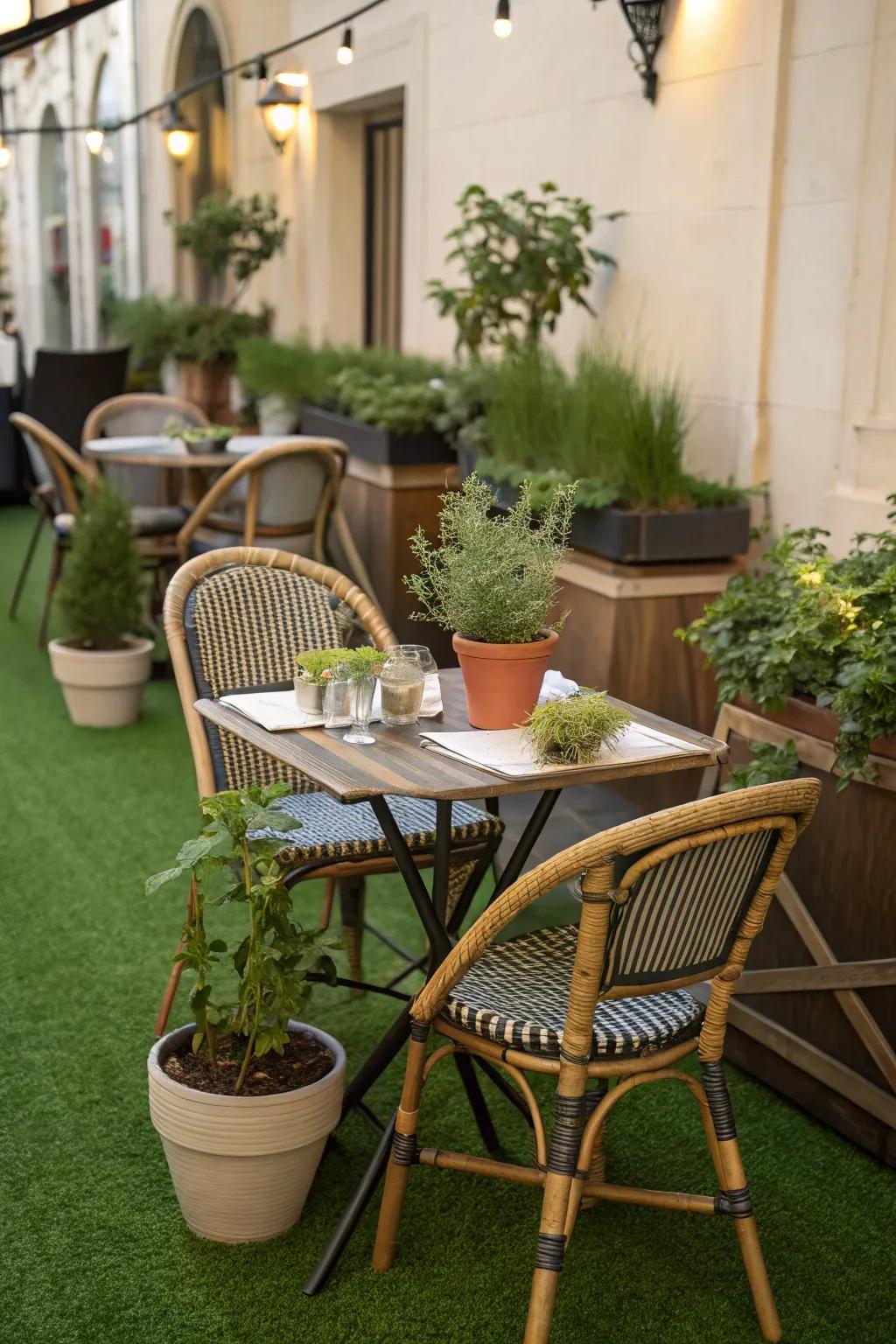 An elegant bistro setting on artificial grass for a European flair.