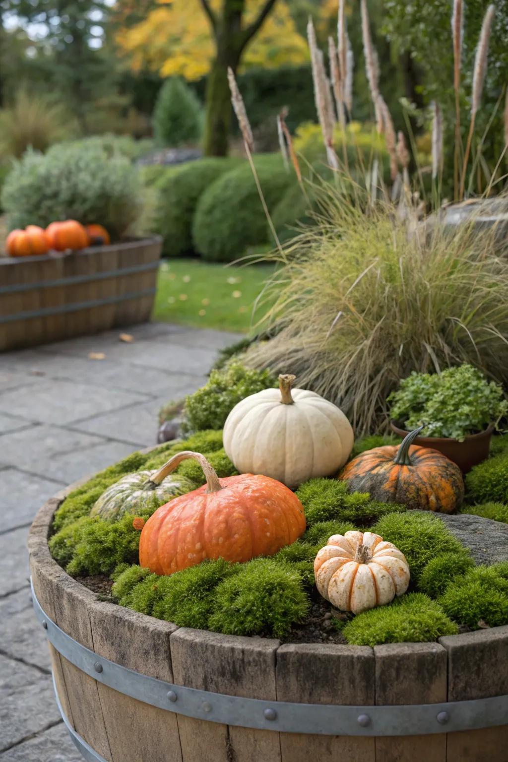 A moss bed provides a lush, earthy foundation for pumpkins.