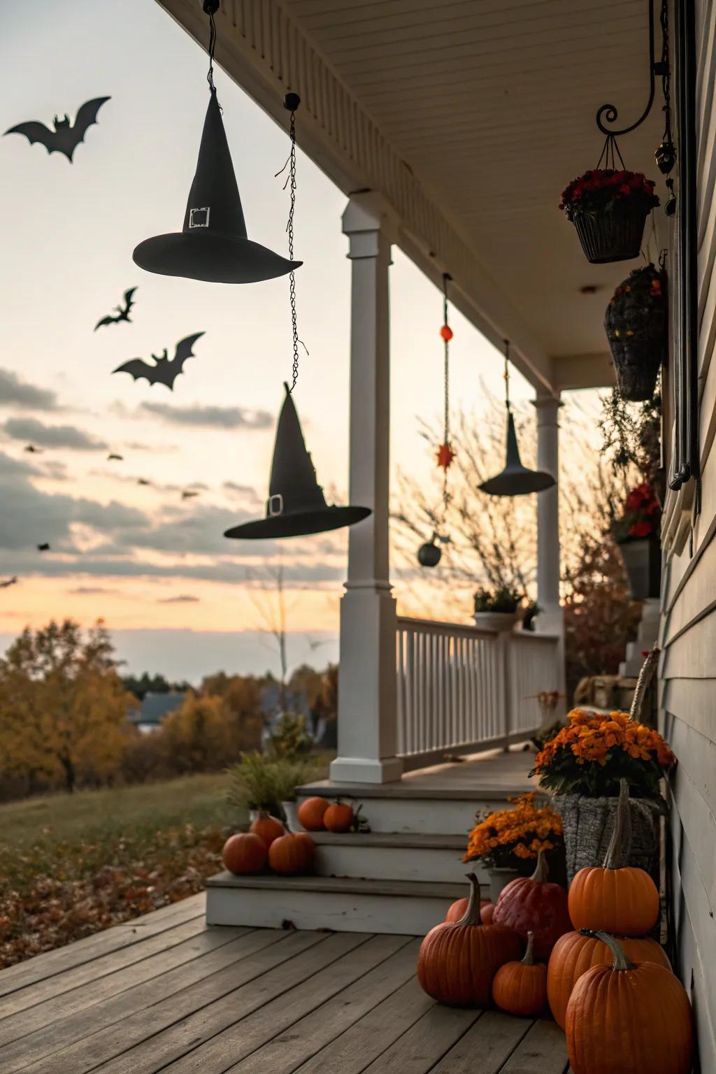 Subtle Halloween hints inject playful strokes into the fall porch decorations.