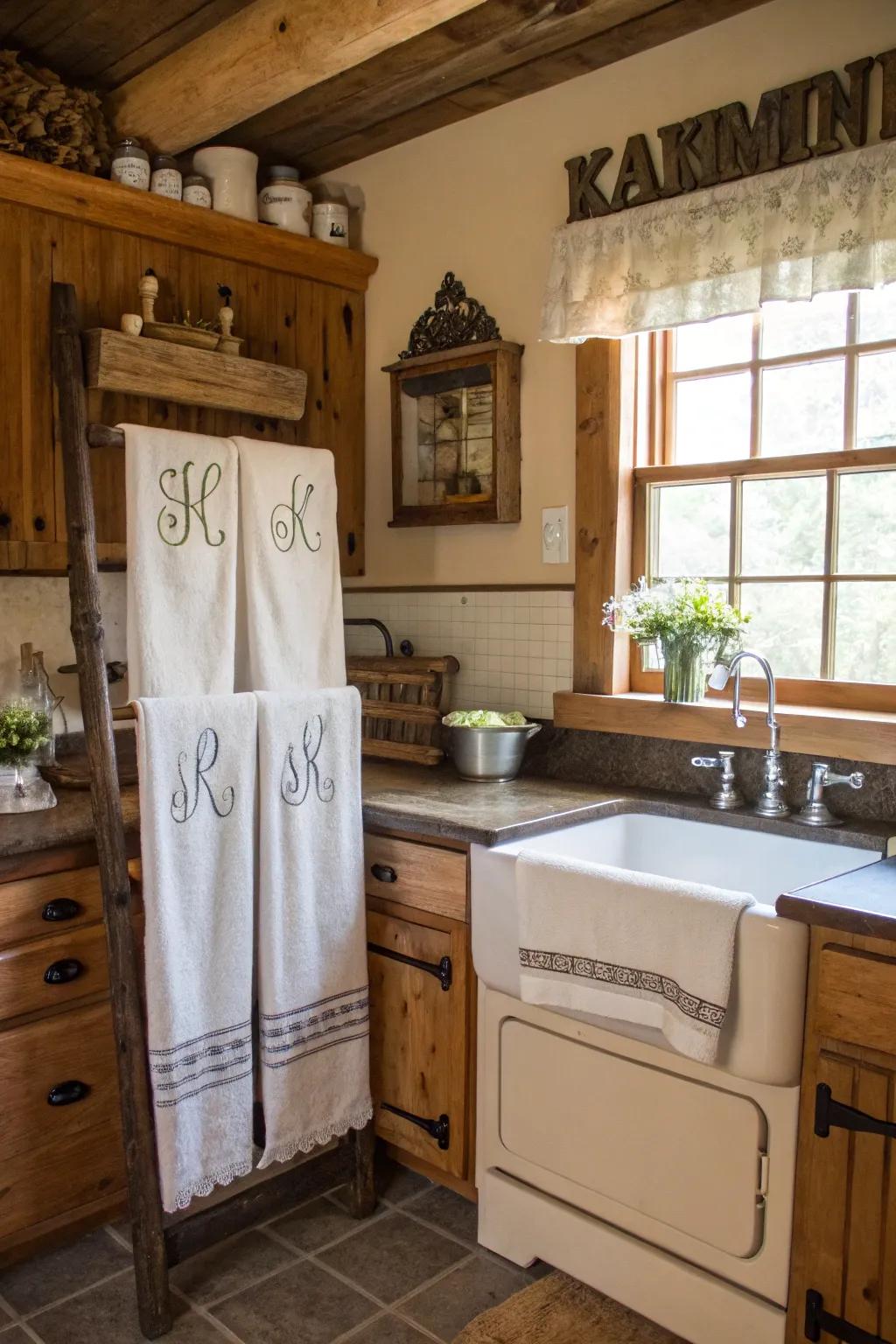 Tailored accents making a farmhouse cooking space exceptionally inviting.