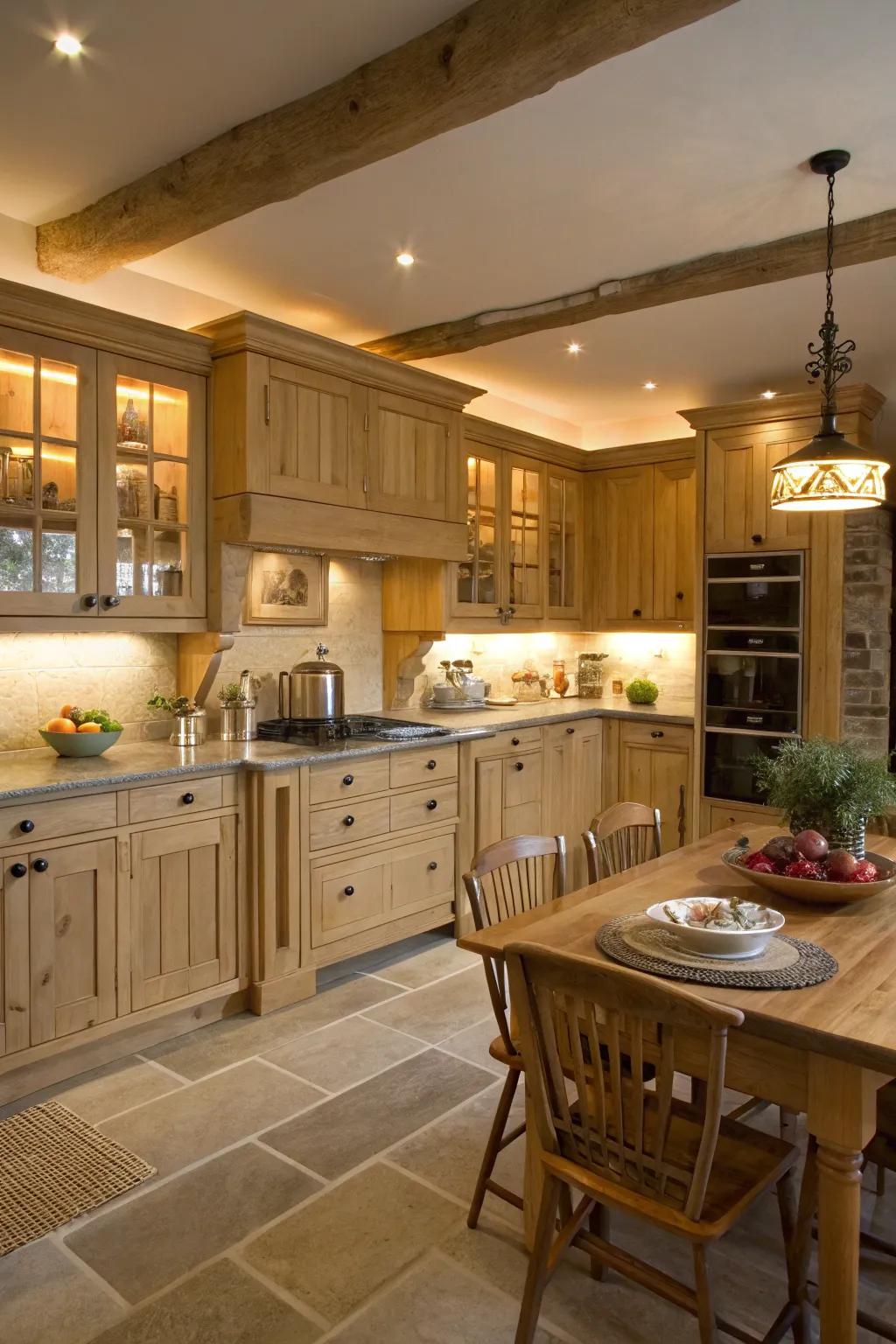 Beneath-cabinet illumination accentuates the allure of pale timber fittings.