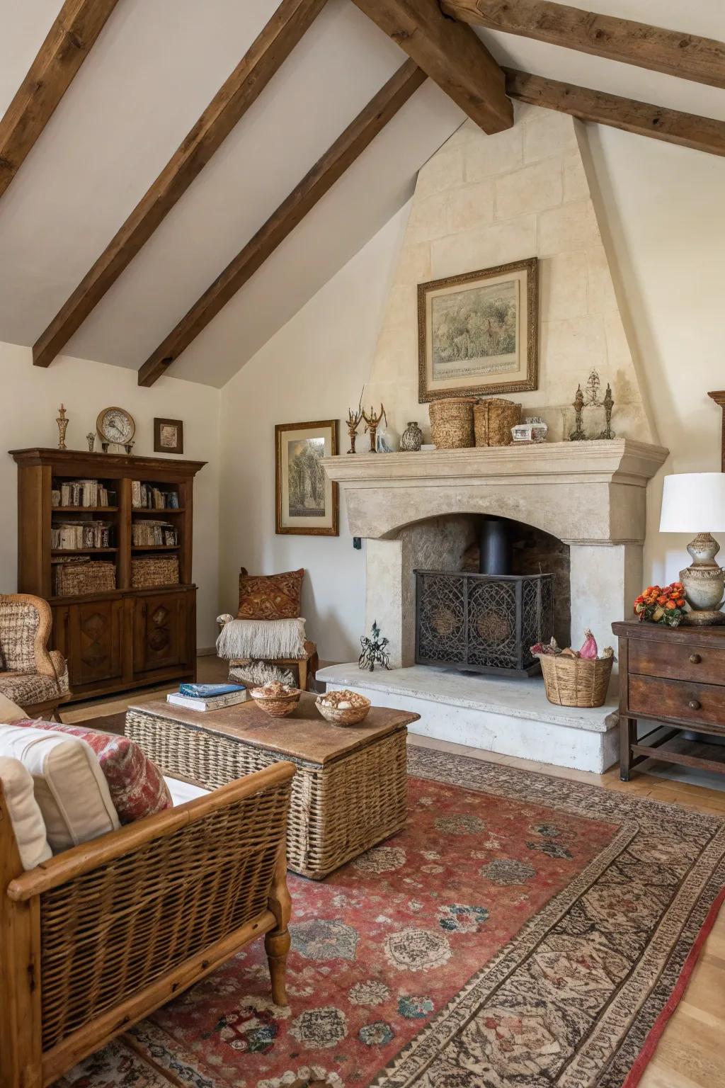 An antique mantel adding vintage charm to a living room.