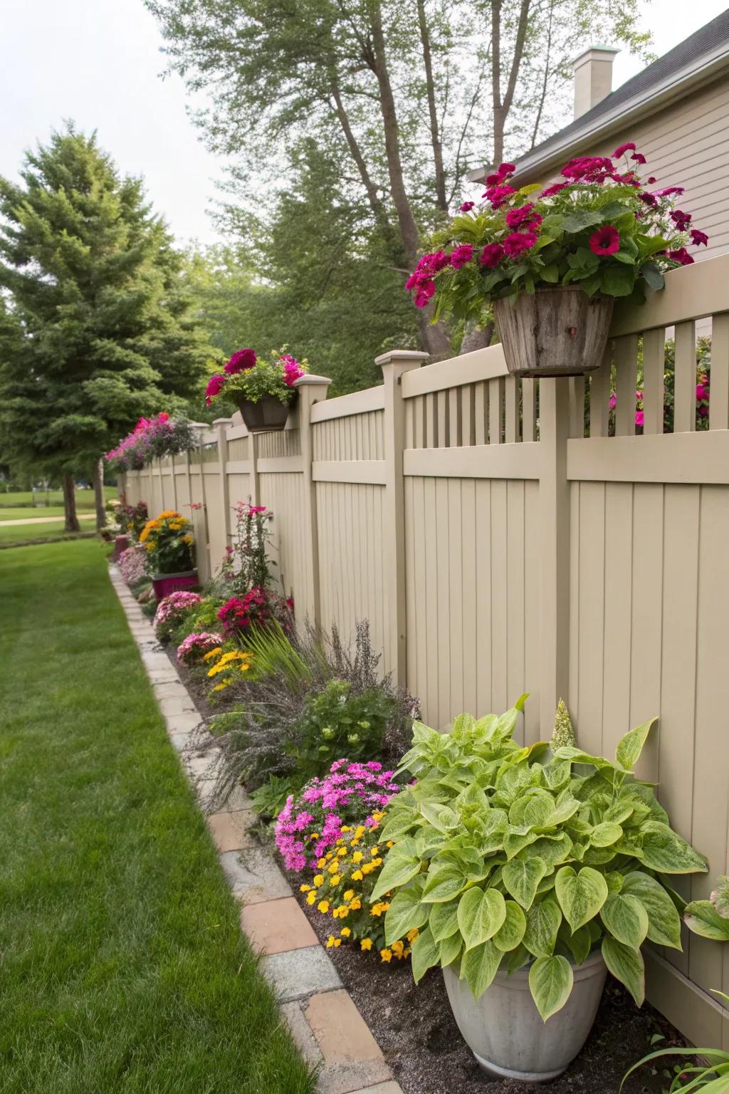Planters along the fence personalize your expanse with hue.