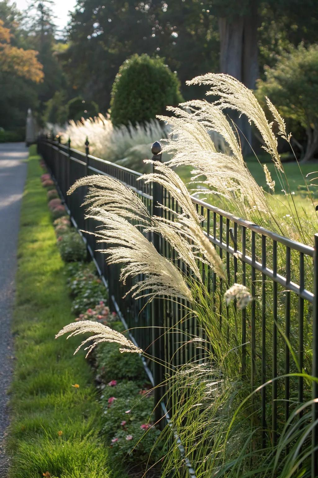 Ornamental grasses bring movement and texture to fences.